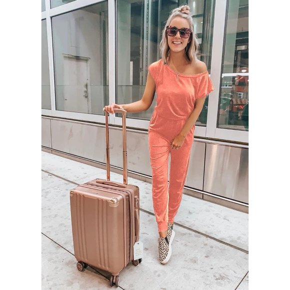 Women's Pink Loose Solid Off Shoulder Elastic Waist Stretchy Romper Jumpsuit - Picture 5 of 5